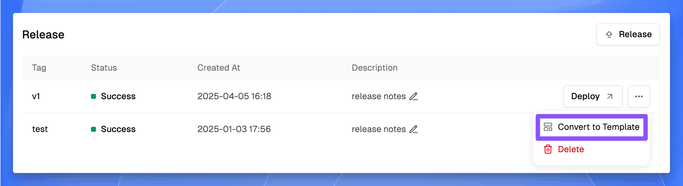 Sealos DevBox Version History interface showing version information and convert to template option
