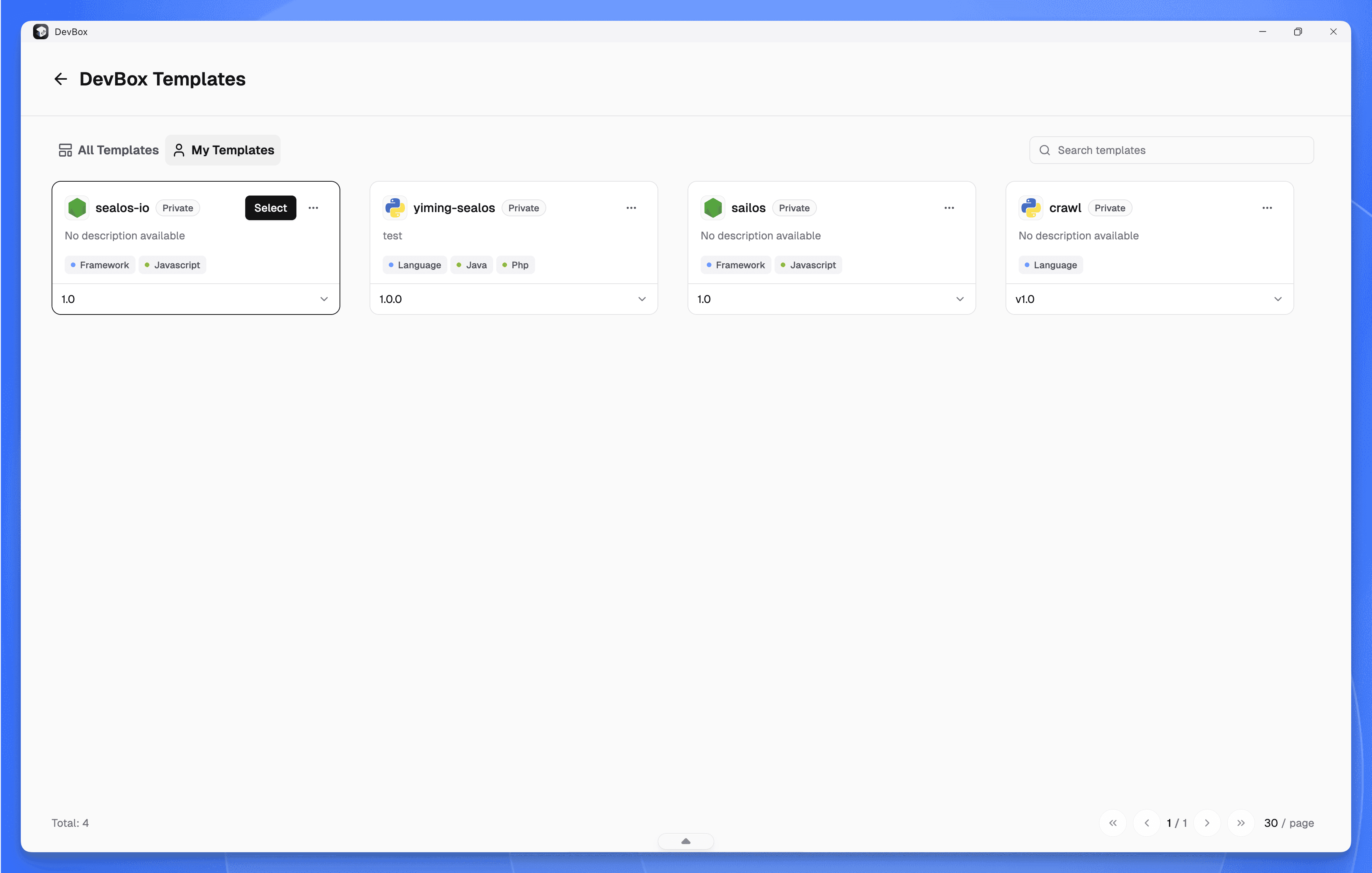 Sealos DevBox My Templates interface showing private template list
