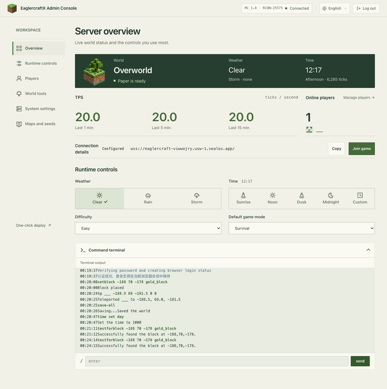 Sealos Eaglercraft management panel showing Paper ready status, a connected player, and the saved world marker check.