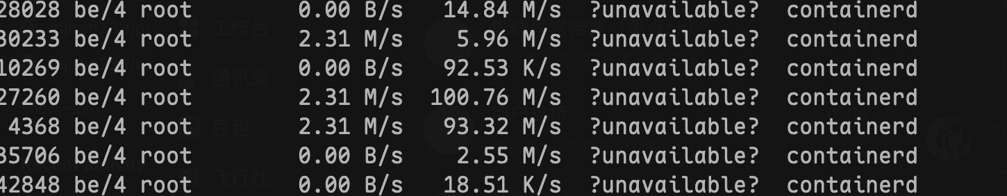 Terminal output from the iotop command showing containerd processes with disk write speeds over 100MB/s.