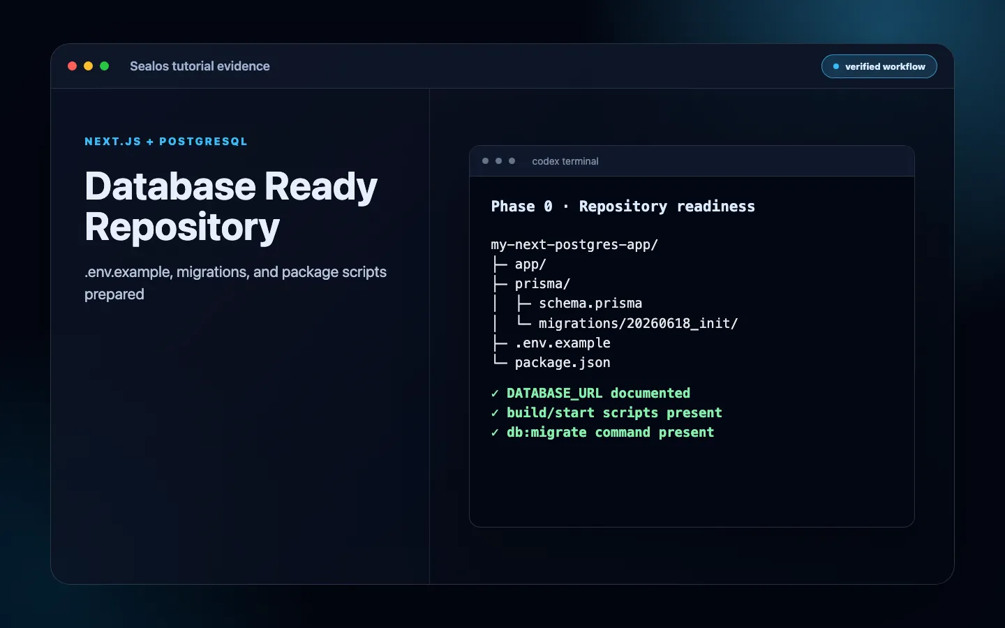 Next.js repo with .env.example, migration folder, and package scripts