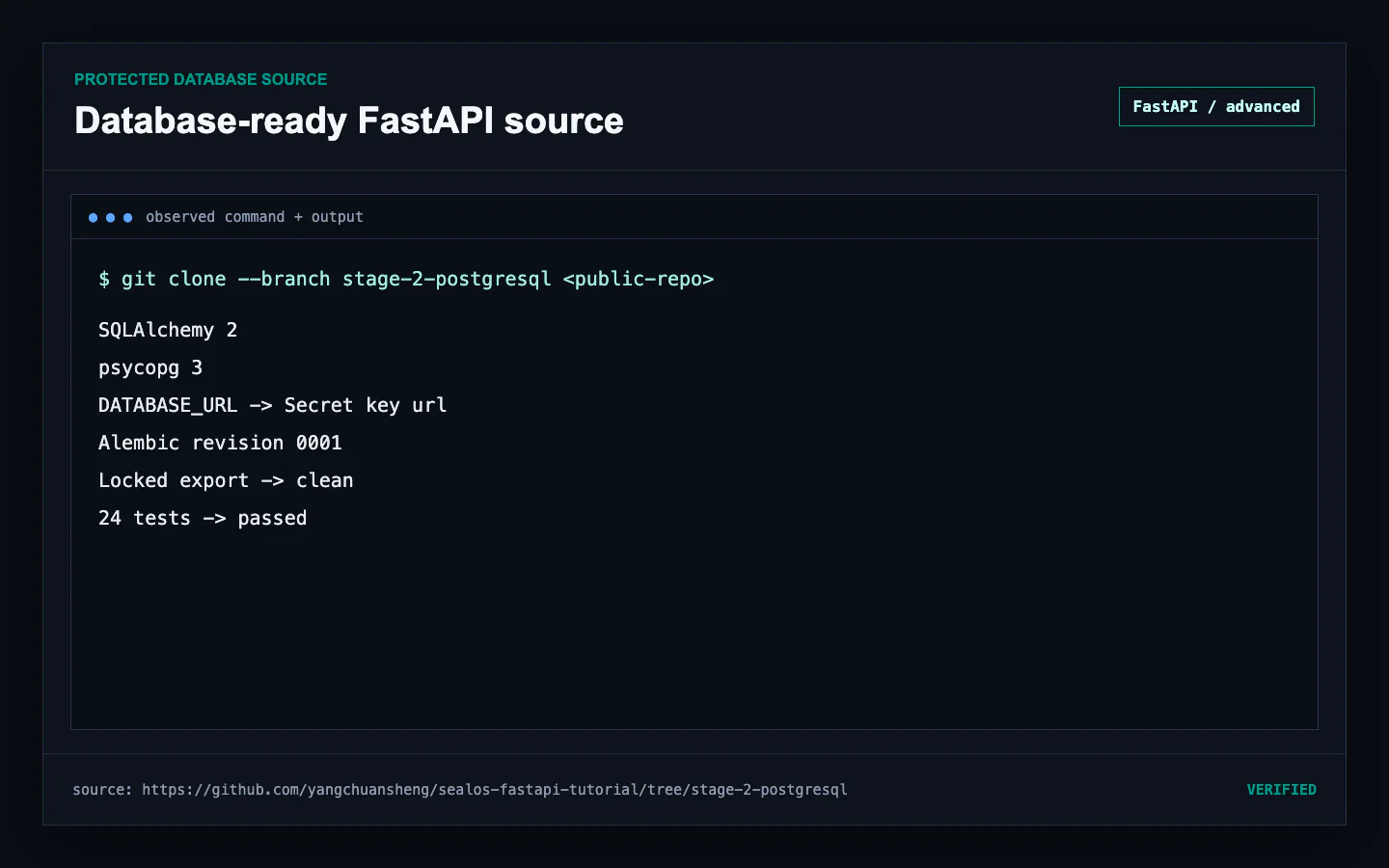 Protected FastAPI Stage 2 source showing SQLAlchemy 2, psycopg 3, DATABASE_URL, and Alembic revision 0001