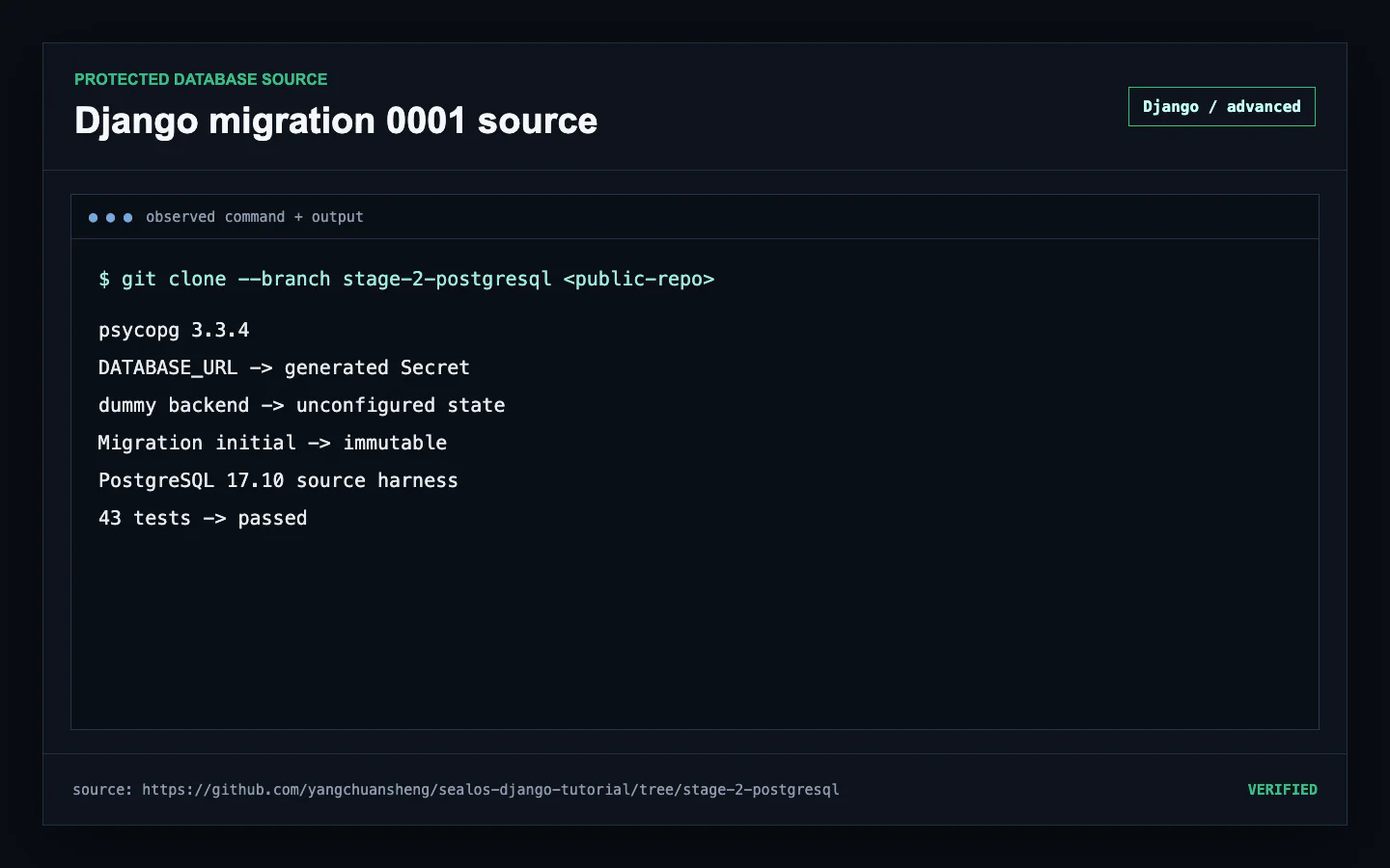 Protected Django Stage 2 source showing psycopg 3.3.4, DATABASE_URL, the dummy waiting backend, and immutable tasks.0001_initial