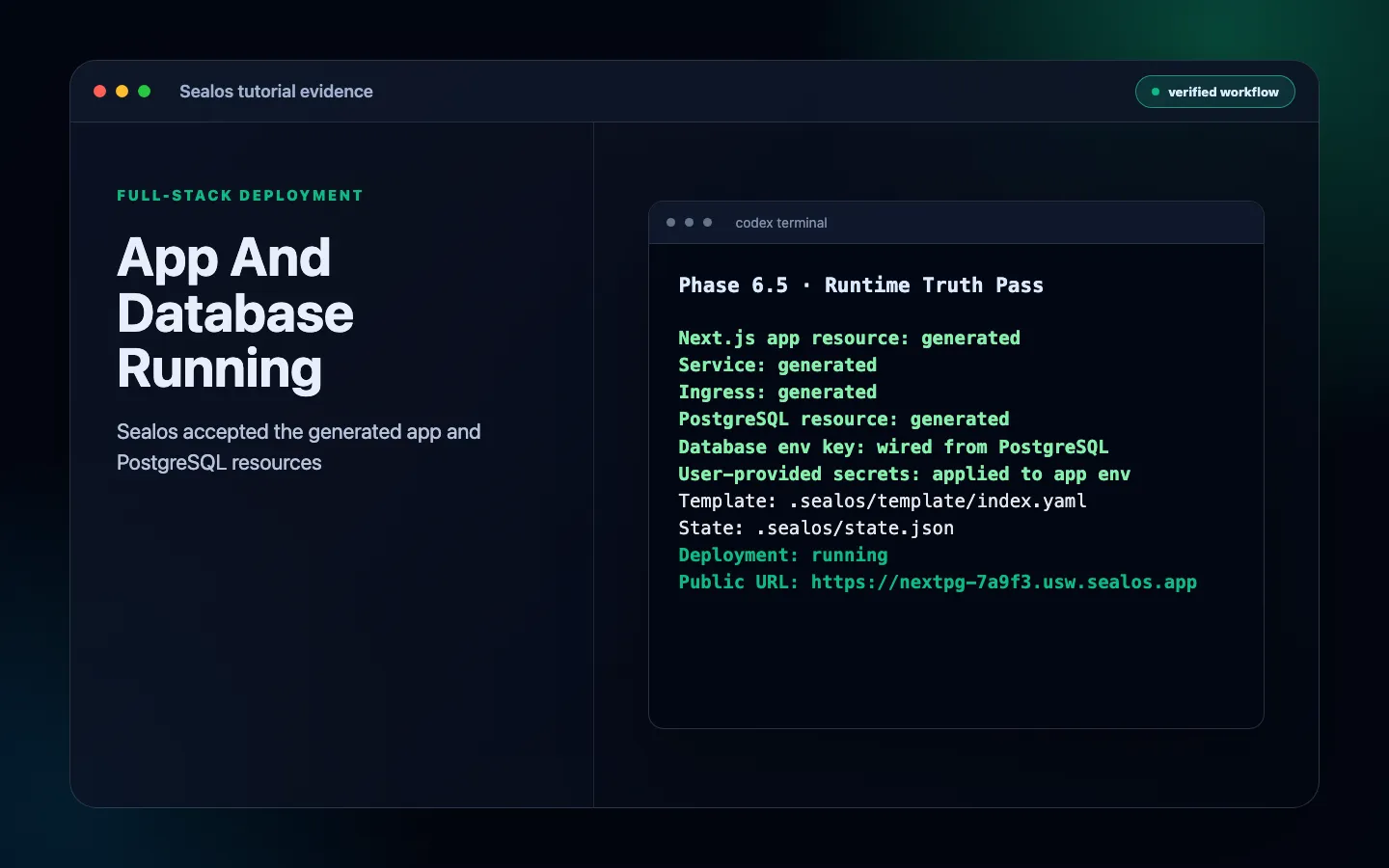 Sealos deployment result showing app, database, and public URL