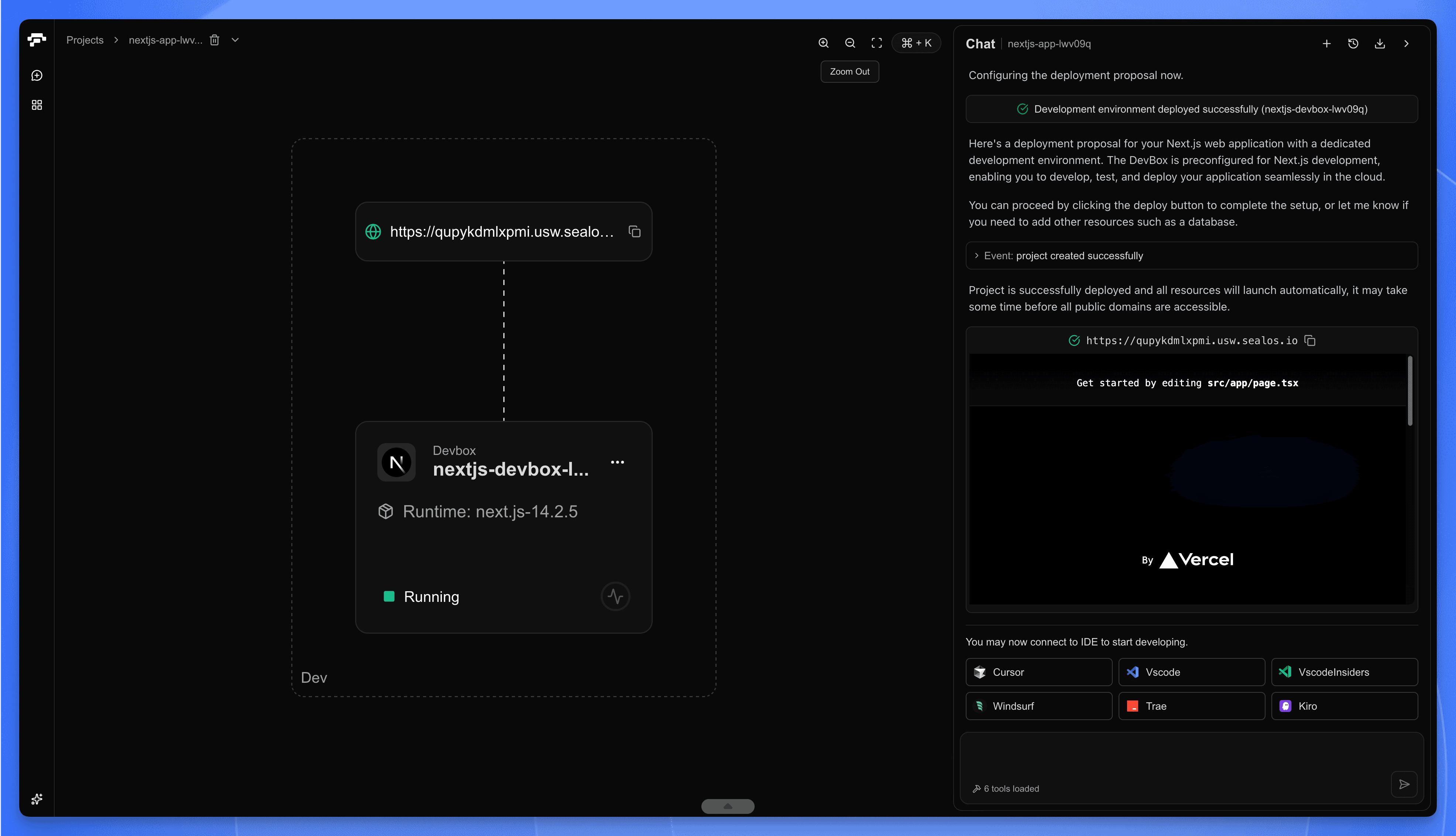 Sealos DevBox project detail page showing the public URL for application preview and IDE connection options
