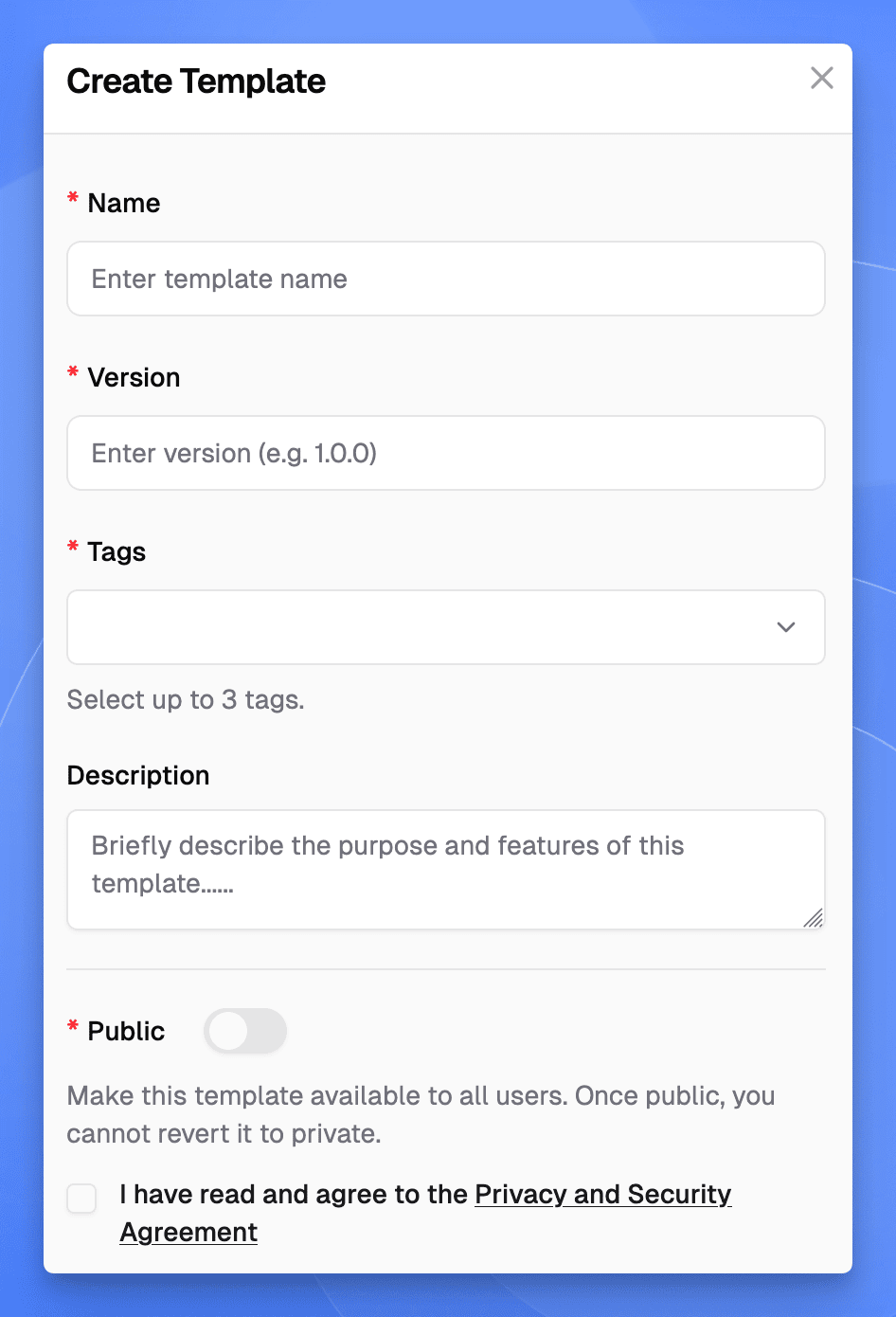 Sealos DevBox template creation form with fields for name, version, visibility, tags, and description