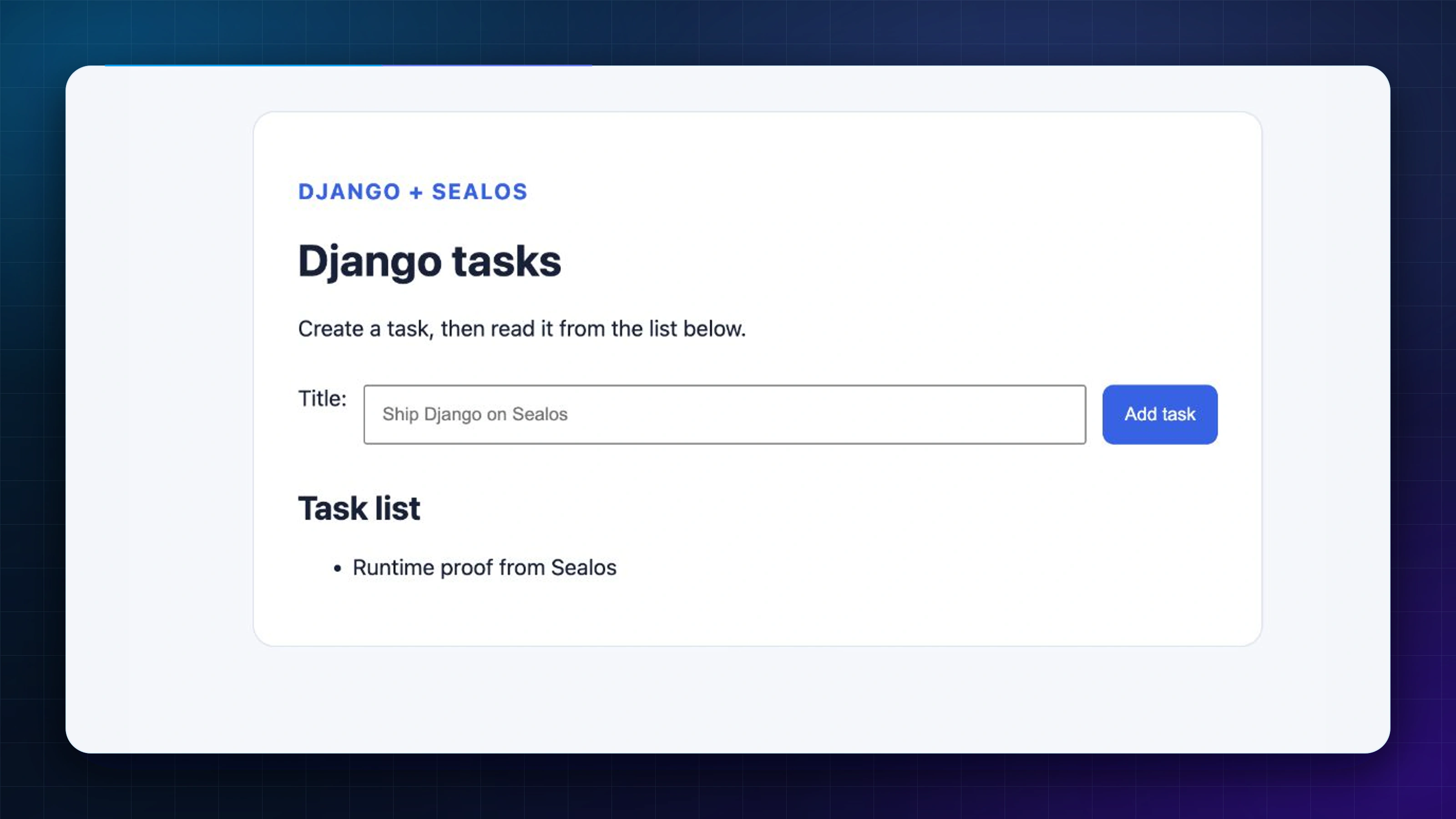 Live Django application on Sealos HTTPS showing the saved Runtime proof from Sealos task