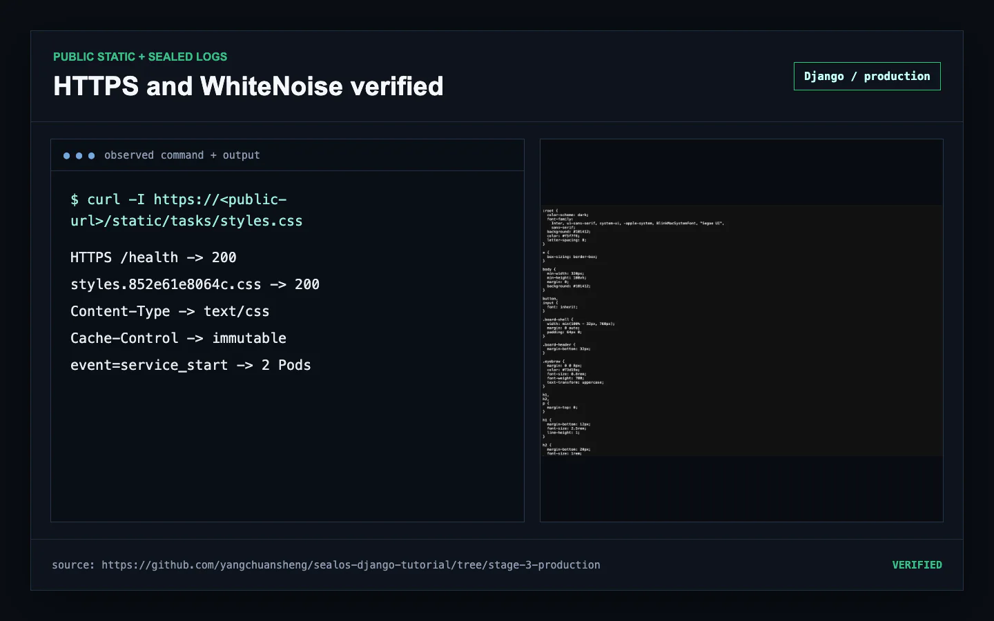 Fresh public Django HTTPS and WhiteNoise styles 852e61e8064c CSS proof beside checksum-sealed two-Pod service_start logs