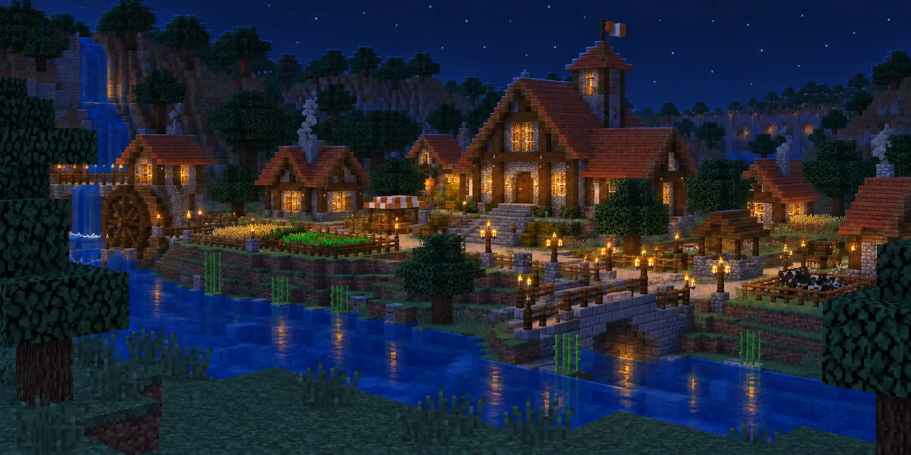 Illustrated voxel village at night