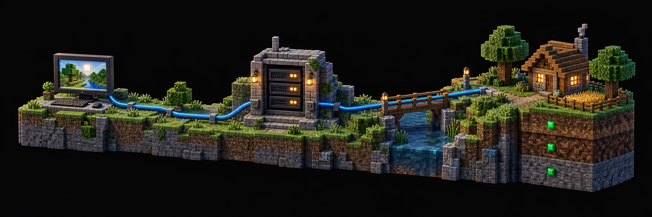 Illustrated connection from a browser through a game server to a persistent world.