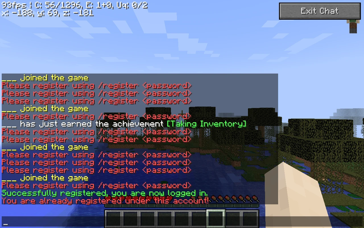 First Join: player ___ receives the successful registration message in the hosted 1.8 world. Original September 10–11, 2026 browser evidence.