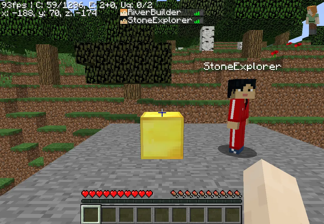 Two Eaglercraft players visible beside the saved world marker in a successful hosted game session.