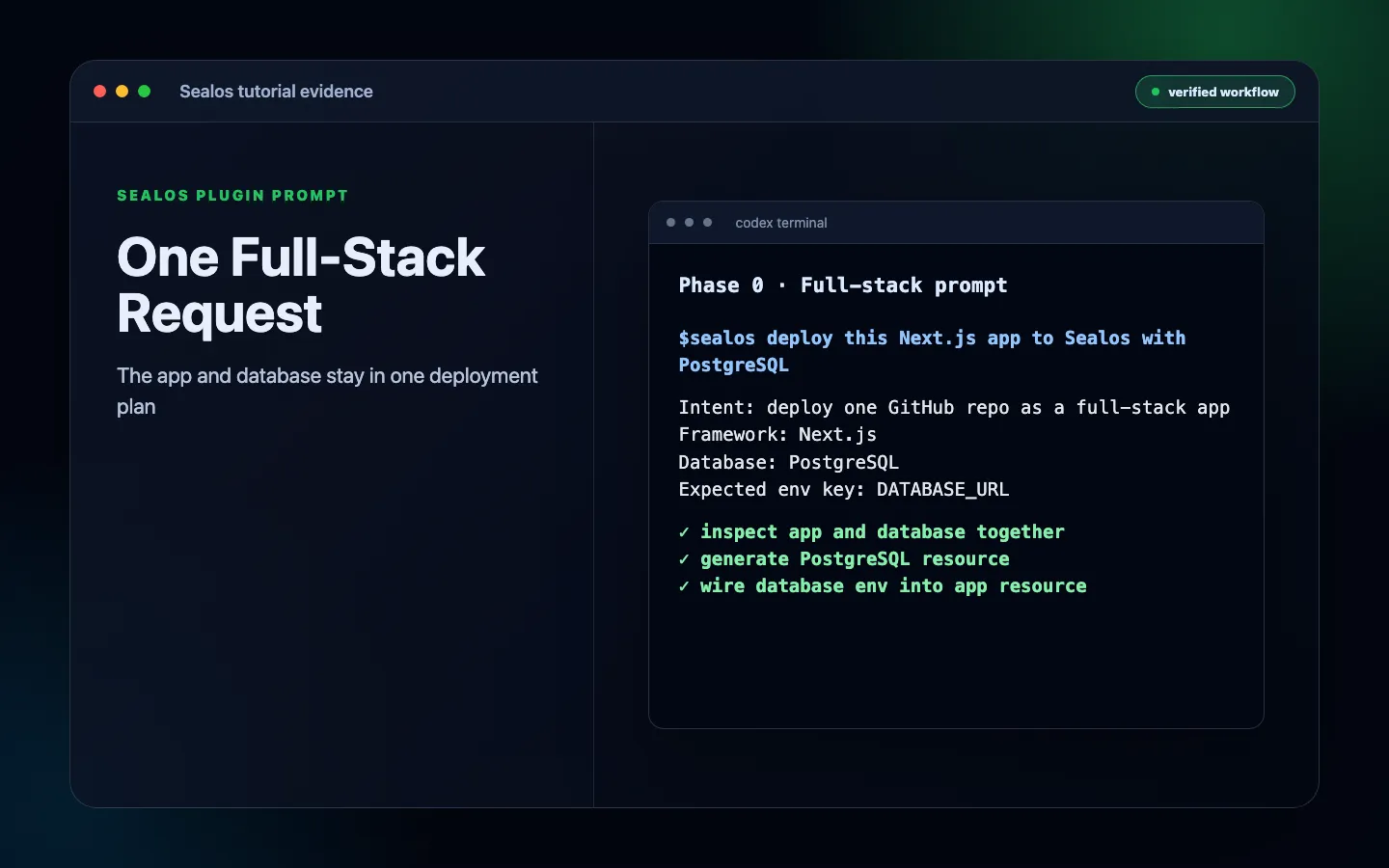 Sealos plugin prompt asking to deploy a Next.js app with PostgreSQL