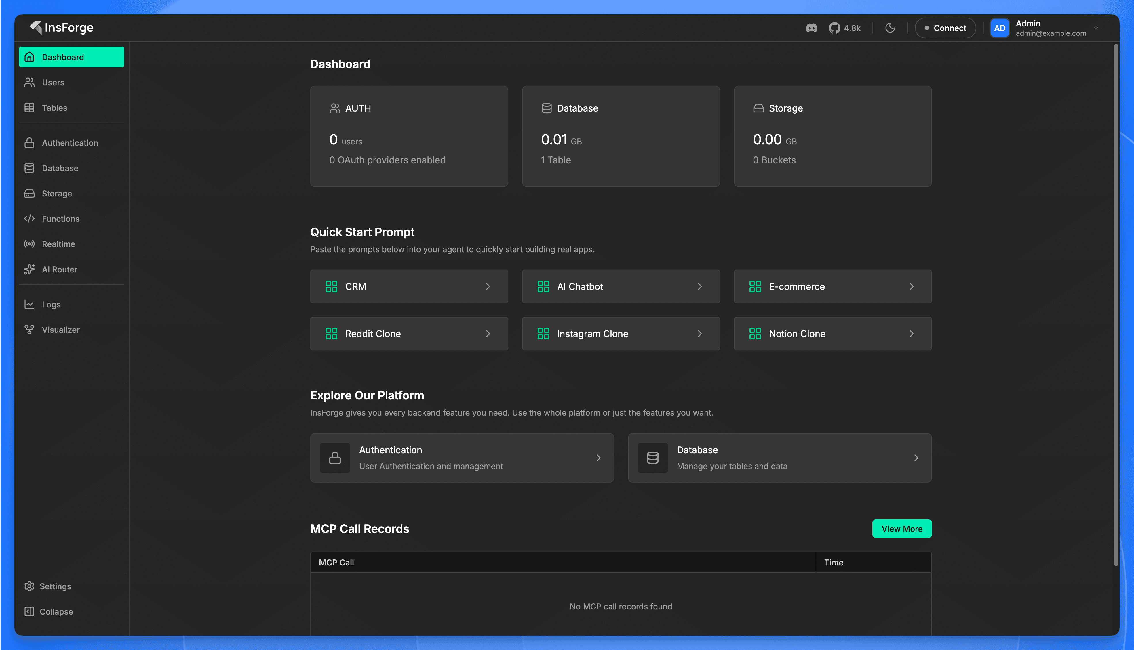 InsForge dashboard after first login showing sidebar navigation, metric cards, quick start prompts, and MCP call records