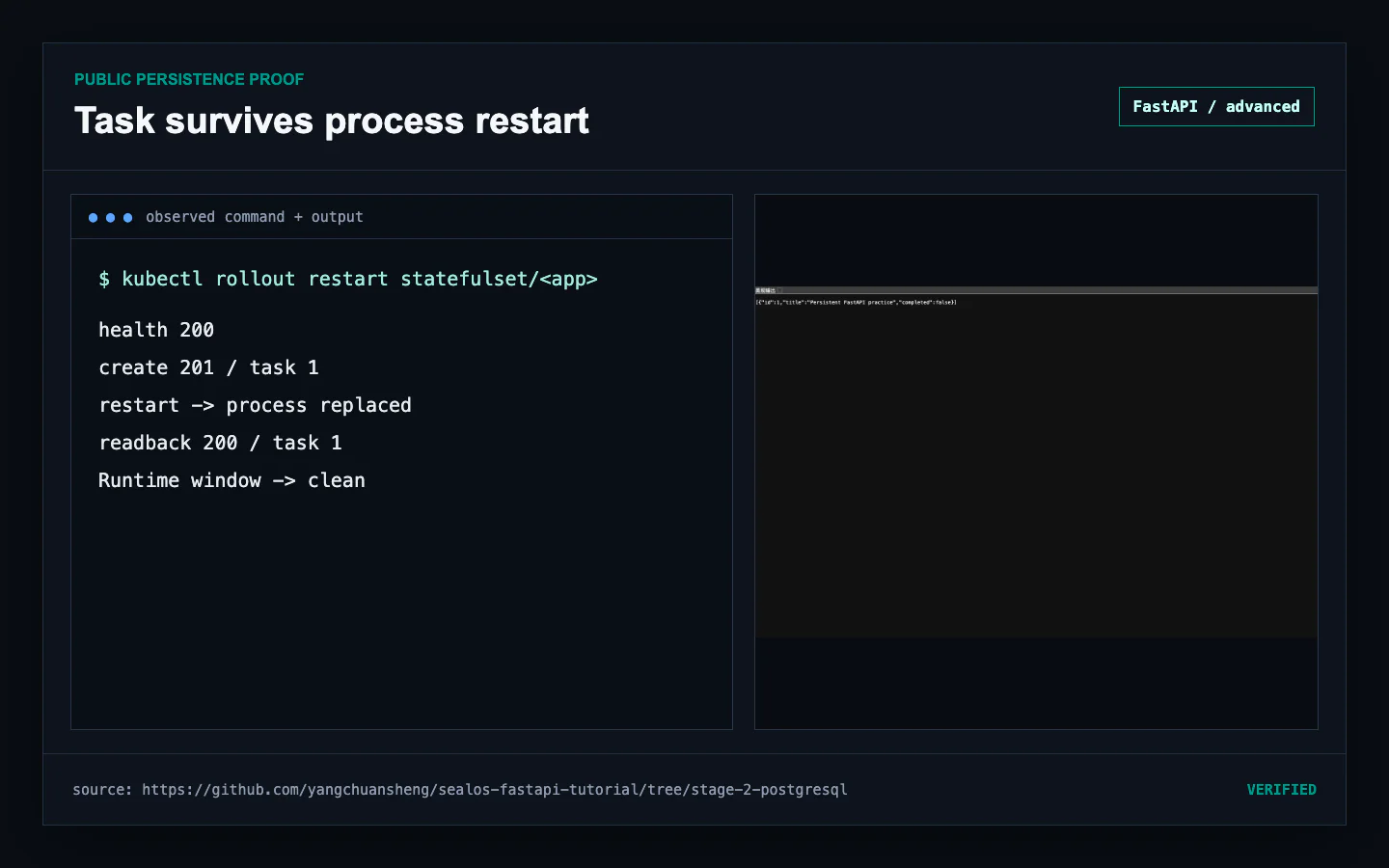 Public FastAPI task remaining readable after process replacement and restricted rollout against the same PostgreSQL database