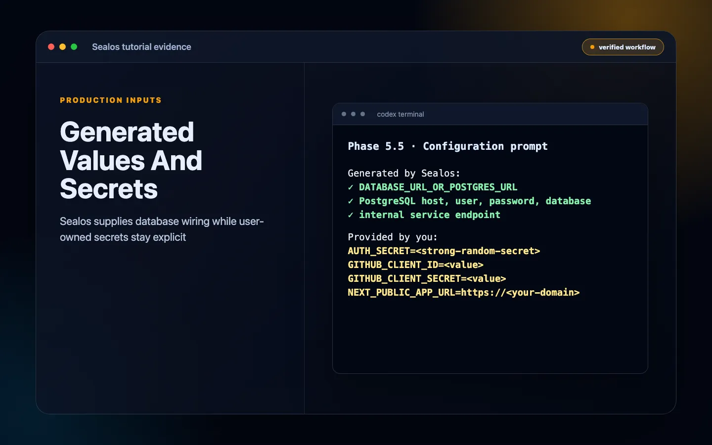 Sealos input prompt separating generated values from user-provided secrets