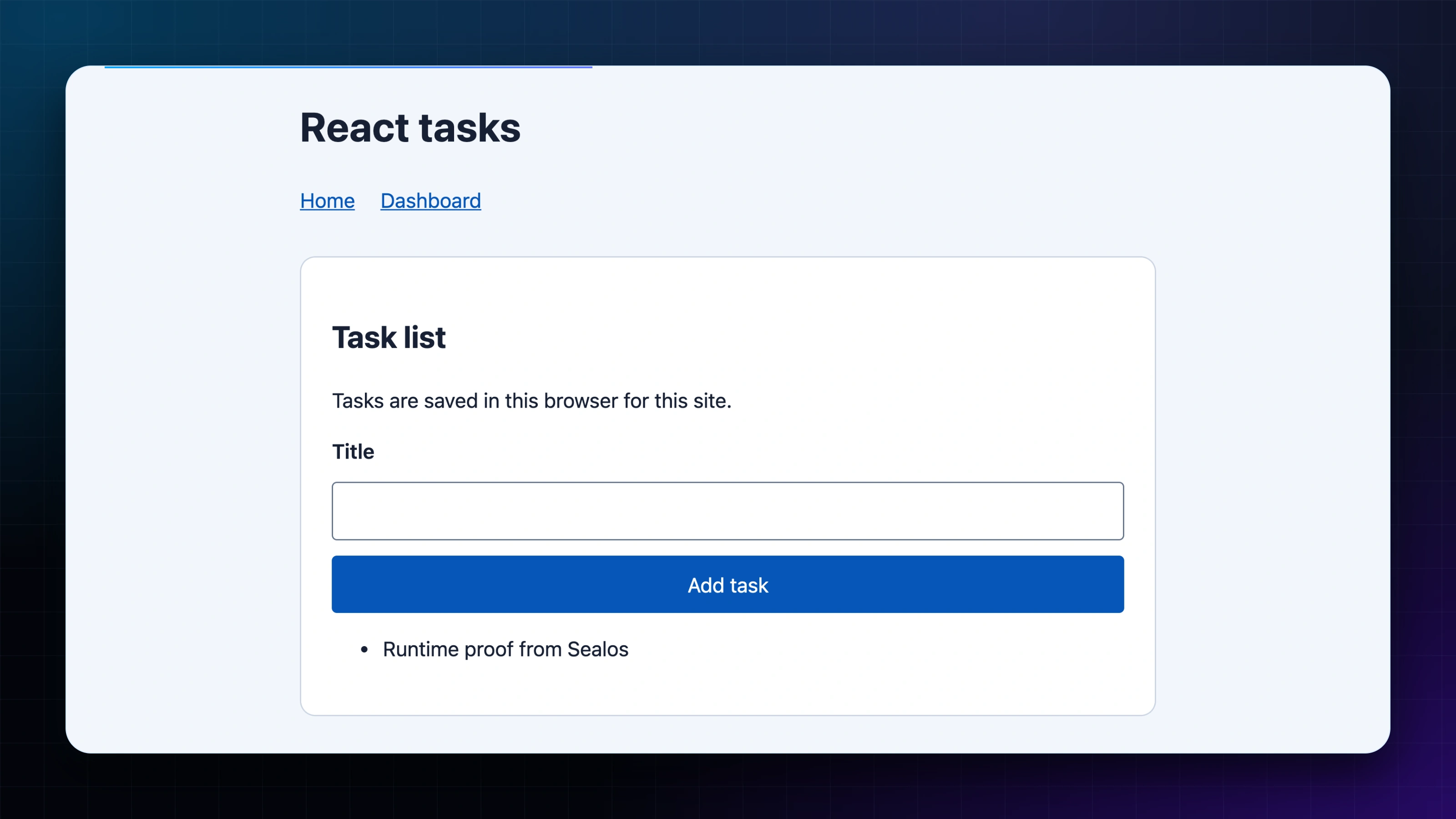 React Task app showing Runtime proof from Sealos after a browser refresh