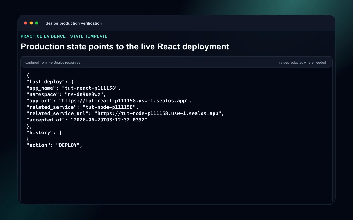 React production .sealos state and template review