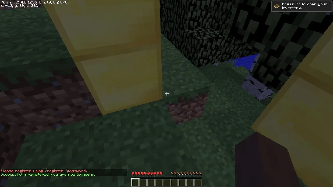 In-game chat displaying a successful player registration message in Eaglercraft.