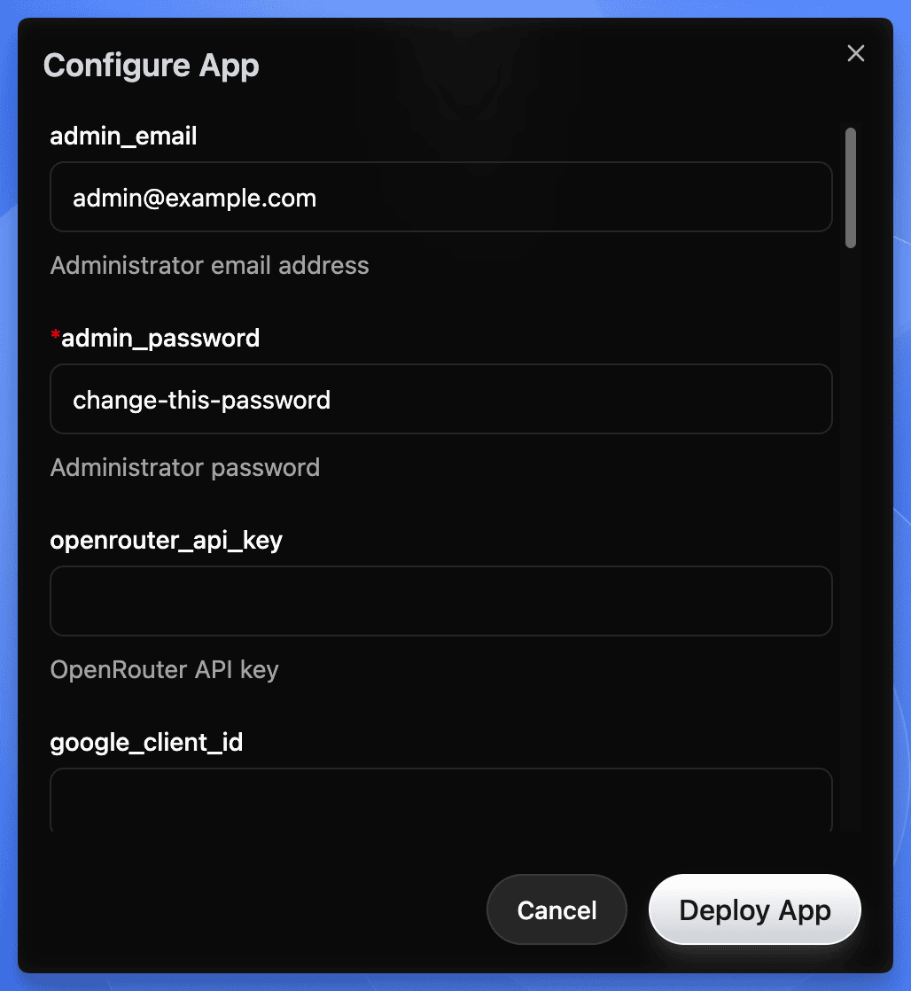 Sealos deploy dialog for InsForge showing admin_email, admin_password, and API key configuration fields