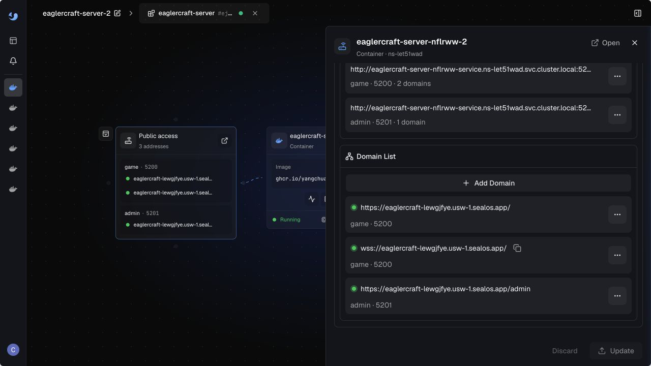 Sealos Cloud application details for eaglercraft-server-2 showing the generated public WebSocket Server Address.