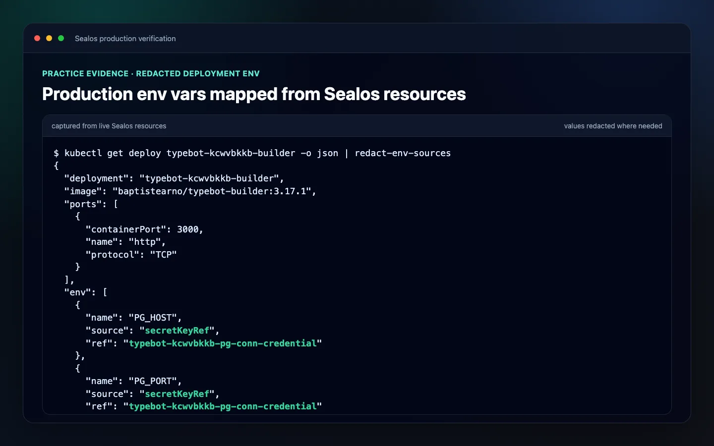 Redacted Sealos deployment environment variable sources for a Next.js app