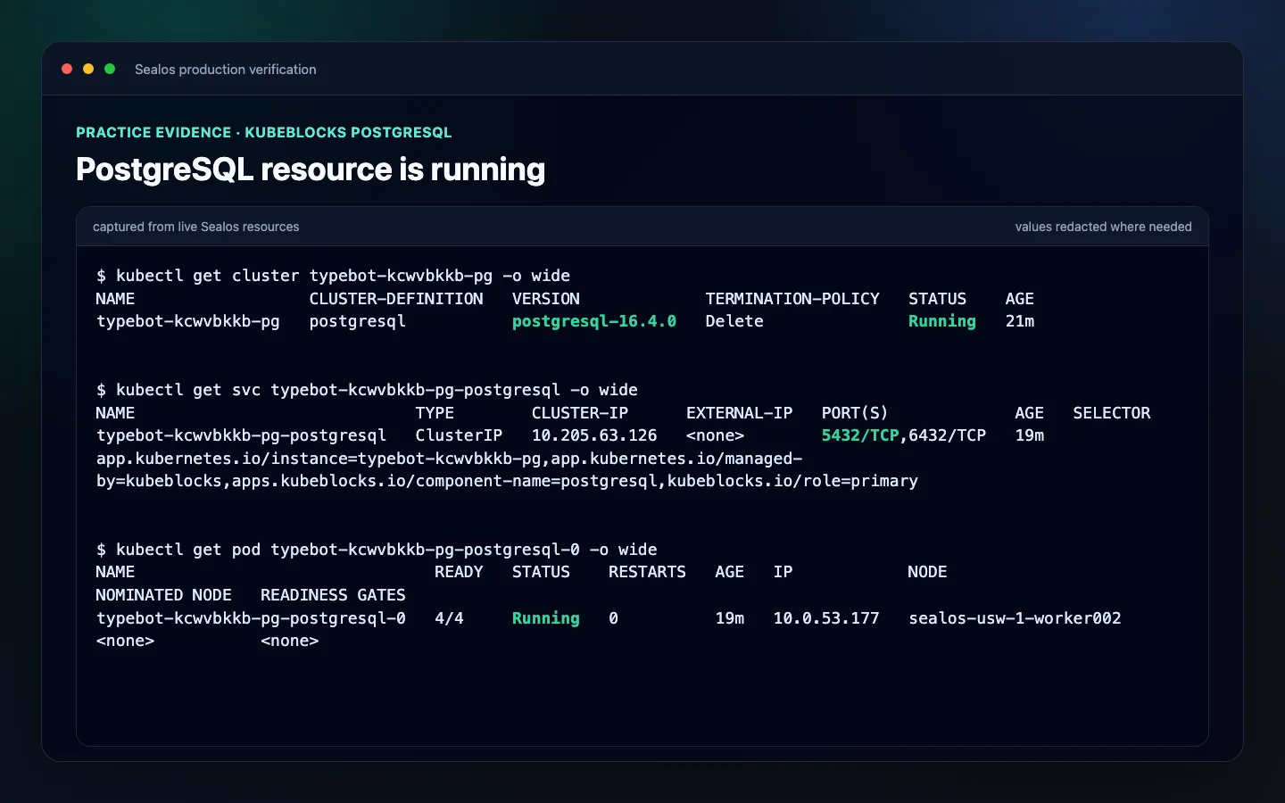 Sealos PostgreSQL cluster, service, and pod running for the practiced deployment