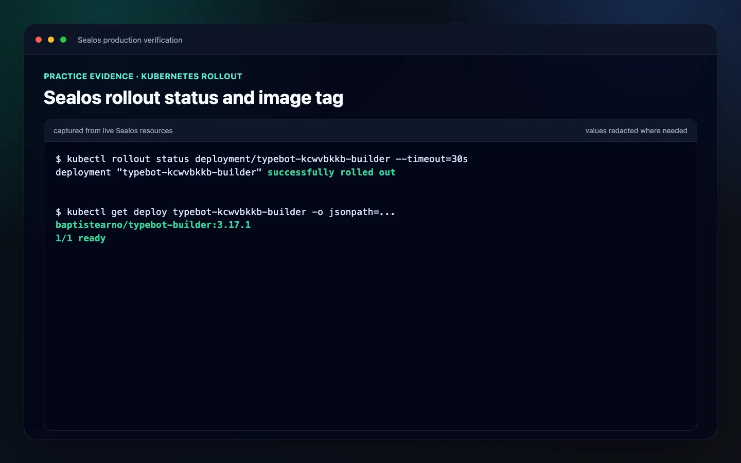 Sealos rollout status showing a successful deployment, image tag, and one ready replica