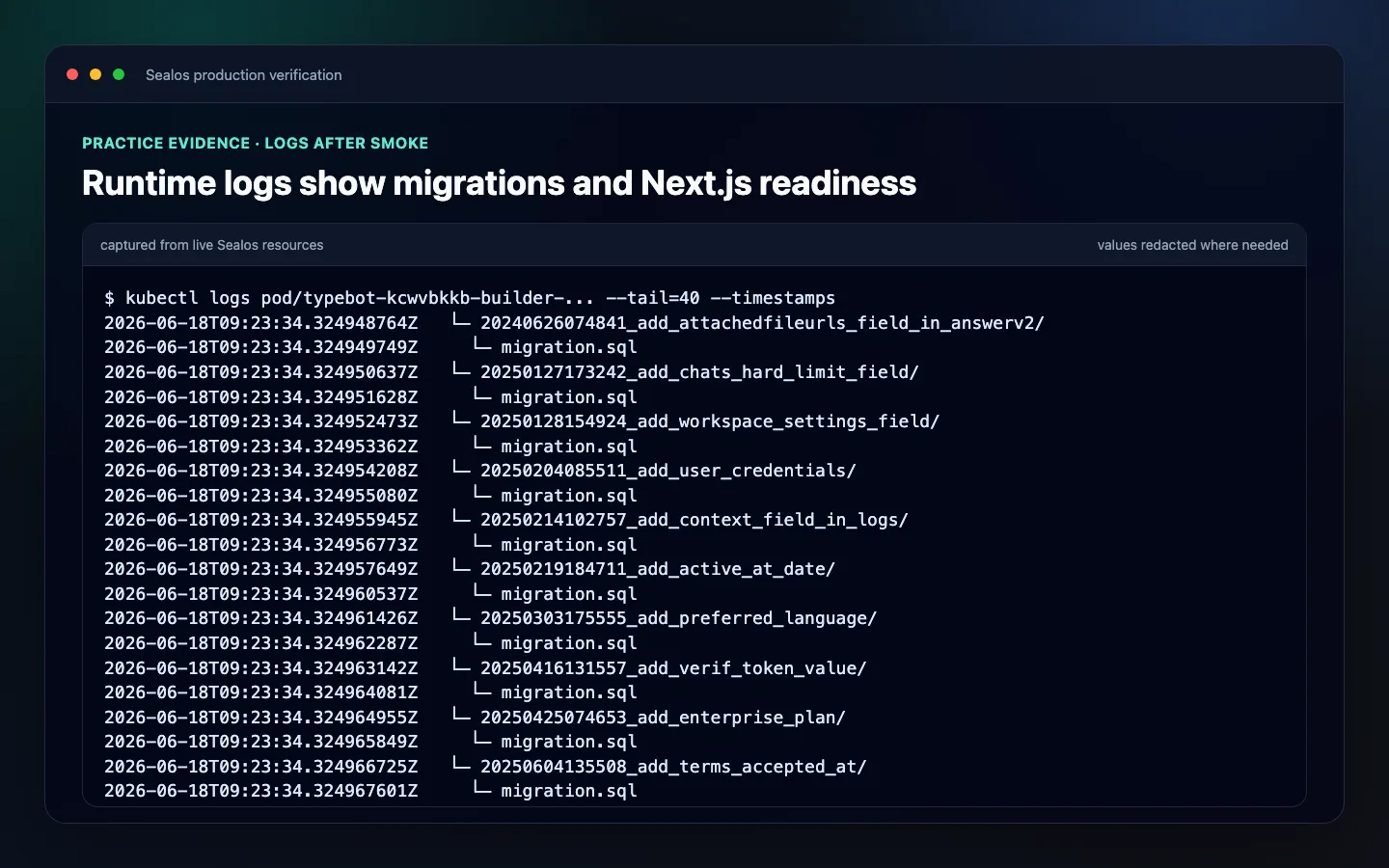 Sealos runtime logs showing migrations applied and Next.js ready