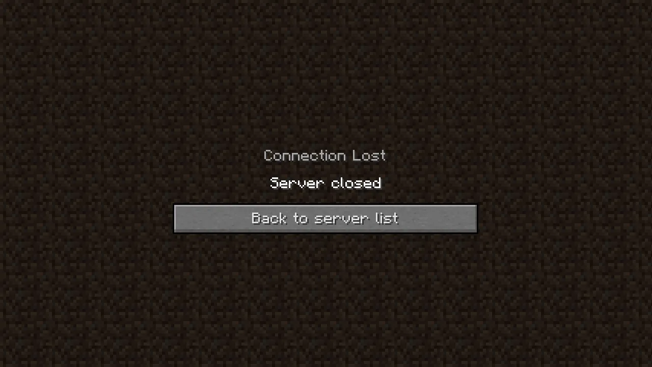 Eaglercraft client showing the Connection Lost screen with the Server closed message after docker compose down removed the container.