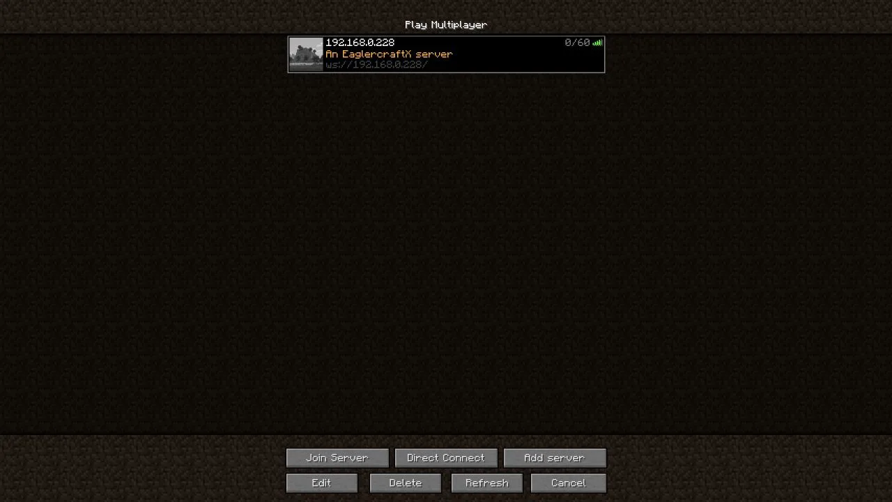 Eaglercraft Multiplayer server list showing the server entry and the An EaglercraftX server message of the day.