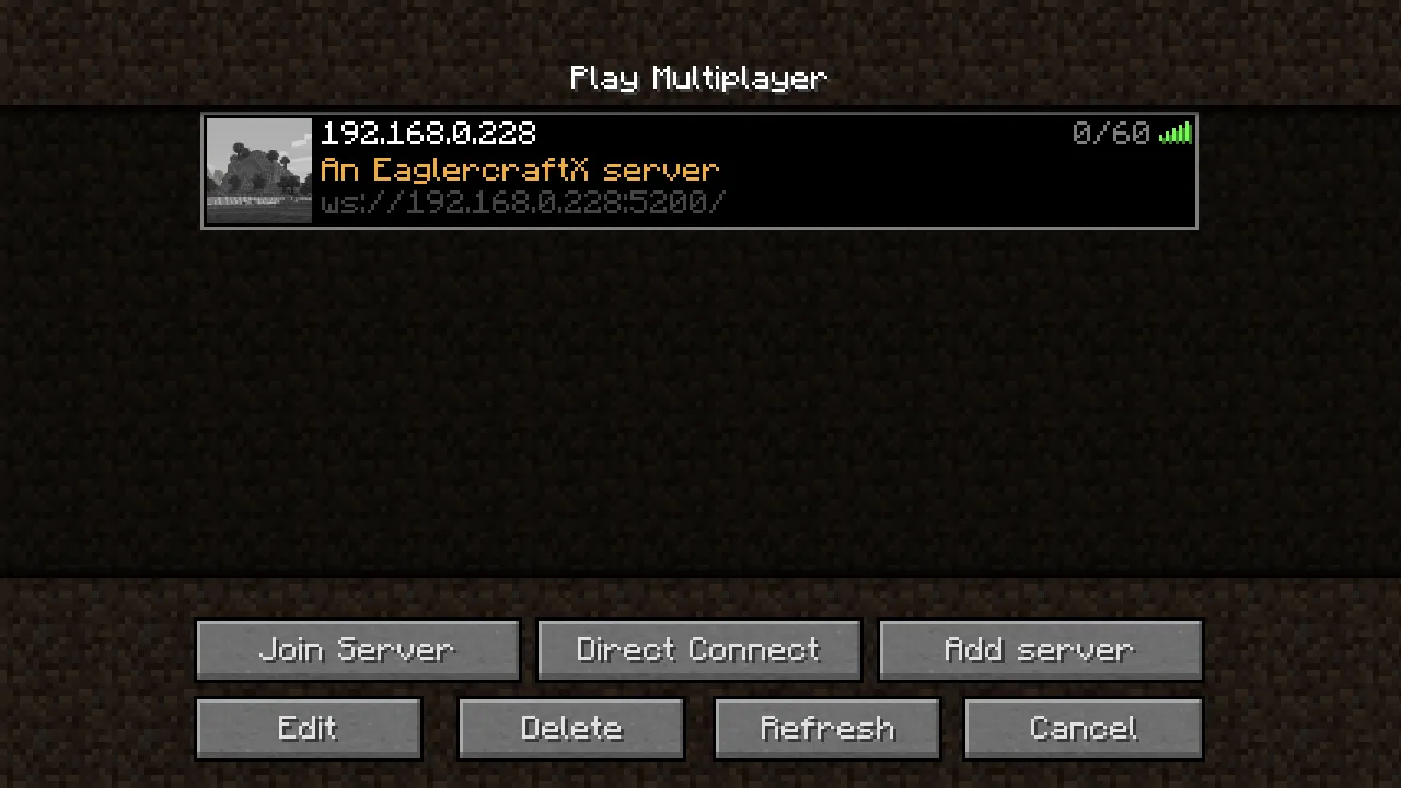 Eaglercraft Multiplayer server list showing the preconfigured entry, the An EaglercraftX server message of the day, and 0 of 60 slots in use.