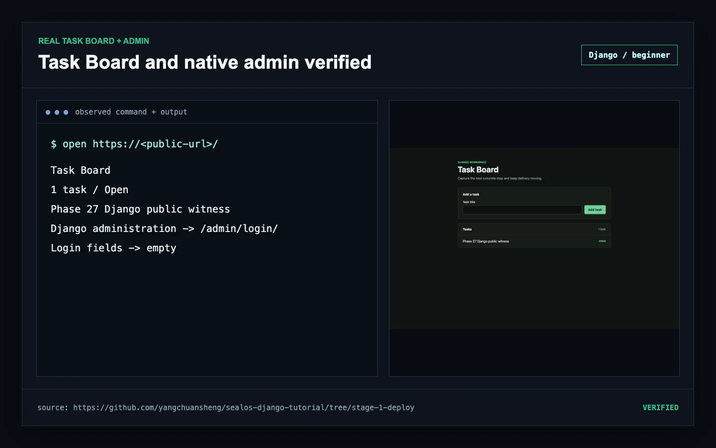 Live Django Task Board with one open Task beside the native administration login on the generated Sealos host