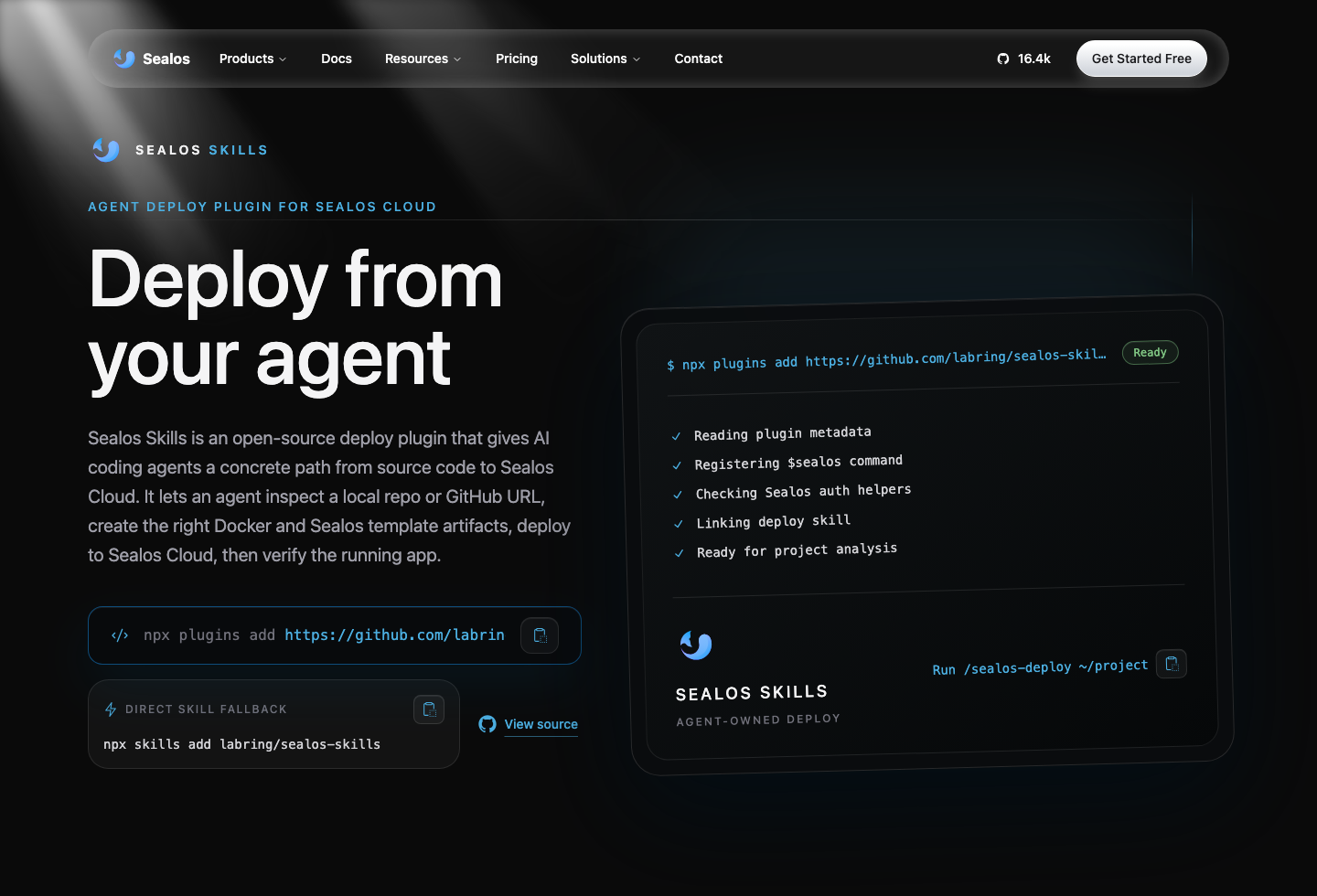 Sealos Skills page showing AI-assisted deployment workflows